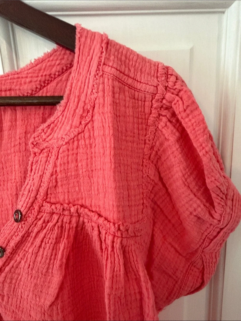 We The Free  Coral Pink Gauze Button Henley Top